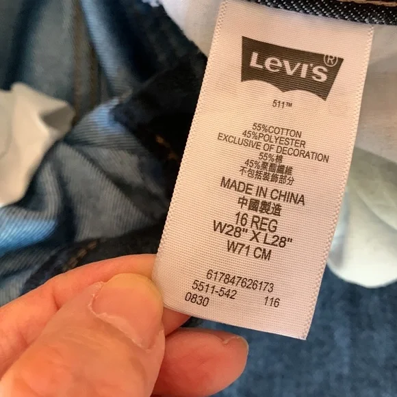 LEVI’S. 511 Slim five pocket blue denim Jeans. 16R. L28XW28. Unisex. - Picture 10 of 16